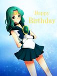  birthday bishoujo_senshi_sailor_moon choker deep_aqua_mirror gloves green_eyes green_hair hand_mirror highres jewelry kaiou_michiru kisaragi_yui long_hair magical_girl mirror neptune_symbol sailor_collar sailor_neptune sailor_senshi_uniform skirt smile solo tiara white_gloves 