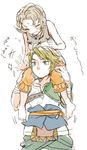  1girl bad_id bad_pixiv_id barefoot blonde_hair blue_eyes blush brown_hair capri_pants carrying ilia_(zelda) link pants shoulder_carry sketch the_legend_of_zelda the_legend_of_zelda:_twilight_princess translated yo_mo 