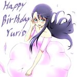  bare_shoulders birthday blue_eyes blush dress glasses happy happy_birthday heartcatch_precure! jewelry long_hair looking_at_viewer pink_dress precure purple_hair simple_background smile solo tsukikage_oyama tsukikage_yuri white_background 