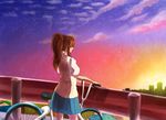  bad_id bad_pixiv_id basket bicycle bicycle_basket brown_hair building cloud facing_away from_behind ground_vehicle guard_rail hair_over_eyes long_hair original outdoors pleated_skirt ponytail red_eyes school_uniform short_sleeves silhouette skirt sky solo standing sunset sweater_vest twilight uda_udabi 