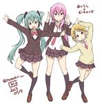  3girls aiura artist_name blonde_hair bow bowtie brown_eyes copyright_name dated green_eyes green_hair hatsune_miku headset kagamine_rin kit_(studio) loafers long_hair megurine_luka multiple_girls open_mouth outstretched_arms parody pink_eyes pink_hair school_uniform shoes short_hair skirt spread_arms style_parody twintails very_long_hair vocaloid white_background 