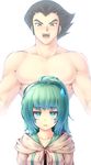  1girl abs bangs black_eyes black_hair blush collarbone duel_monster fading green_eyes green_hair komimiyako misawa_daichi muscle open_mouth ponytail robe sidelocks simple_background smile sweatdrop swept_bangs teeth topless white_background wynn yuu-gi-ou yuu-gi-ou_gx 