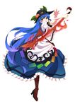  absurdres aura belt boots dress flare food frills fruit full_body hat highres hinanawi_tenshi long_hair makai peach prism simple_background solo standing standing_on_one_leg sword sword_of_hisou touhou very_long_hair weapon 