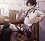  angel31424 ascot bad_id bad_pixiv_id black_eyes black_hair boots crossed_legs cup levi_(shingeki_no_kyojin) male_focus paper shingeki_no_kyojin sitting solo teacup three-dimensional_maneuver_gear 