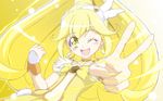  blonde_hair bow choker cure_peace earrings h-new hair_flaps hair_ornament happy heart highres jewelry kise_yayoi long_hair looking_at_viewer magical_girl one_eye_closed open_mouth ponytail precure simple_background skirt smile smile_precure! solo tiara v white_background wrist_cuffs yellow yellow_bow yellow_eyes yellow_skirt 
