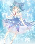  adapted_costume anklet bare_shoulders barefoot blonde_hair blue_dress blue_hair blush bow cirno collarbone dress hair_bow ice ice_wings jewelry layered_dress looking_at_viewer mushi_baibai open_mouth outstretched_arms pigeon-toed see-through smile solo touhou white_dress wings 