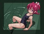  aida_mana arched_back arm_support bow dokidoki!_precure flipped_hair green_background hair_bow hair_ornament hair_ribbon half_updo looking_at_viewer one-piece_swimsuit pink_eyes pink_hair precure ribbon rohitsuka short_hair simple_background sitting sketch smile soaking_feet solo swimsuit water 