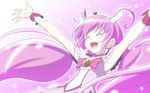  ^_^ bow choker closed_eyes cure_happy dress earrings h-new hair_ornament highres hoshizora_miyuki jewelry long_hair magical_girl open_mouth pink pink_background pink_bow pink_choker pink_hair precure skirt smile_precure! solo tiara twintails wrist_cuffs 
