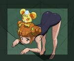  brown_eyes brown_hair dokidoki!_precure double_bun eyelashes gradient gradient_background green_background hair_ornament one-piece_swimsuit precure rance_(dokidoki!_precure) rohitsuka short_hair solo swimsuit twintails yotsuba_alice 