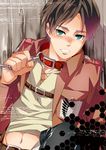  bad_id bad_pixiv_id black_hair blush collar emblem eren_yeager green_eyes ichitaka jacket male_focus midriff paradis_military_uniform shingeki_no_kyojin solo survey_corps_(emblem) 