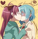  2girls blue_eyes blue_hair closed_eyes hair_ornament hairclip heart kiss long_hair mahou_shoujo_madoka_magica miki_sayaka multiple_girls nochita_shin red_hair sakura_kyouko school_uniform short_hair sketch skull surprise_kiss surprised upper_body yuri 