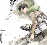  9room bad_id bad_pixiv_id black_eyes black_hair boots emblem eren_yeager feathers jacket levi_(shingeki_no_kyojin) male_focus paradis_military_uniform shingeki_no_kyojin solo survey_corps_(emblem) three-dimensional_maneuver_gear 