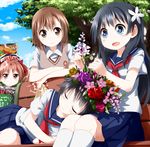  black_hair blue_eyes blush bow brown_eyes brown_hair flower hair_bow hair_flower hair_ornament head_wreath lap_pillow long_hair misaka_mikoto multiple_girls ruu_(tksymkw) sakugawa_school_uniform saten_ruiko school_uniform serafuku shirai_kuroko short_hair sitting skirt smile sweatdrop sweater_vest to_aru_kagaku_no_railgun to_aru_majutsu_no_index tokiwadai_school_uniform trash_can twintails uiharu_kazari 