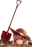  bad_id bad_pixiv_id brown_eyes brown_hair hagiwara_yukiho hat hat_ribbon hole idolmaster idolmaster_(classic) looking_at_viewer re_lucy ribbon shovel signature simple_background solo straw_hat white_background 