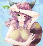  animal_ears armpits bare_arms breasts brown_hair curly_hair futatsuiwa_mamizou glasses green_eyes large_breasts leaf light_smile maki_(seventh_heaven_maxion) one_eye_closed raccoon_ears raccoon_tail short_hair sleeveless solo tail touhou upper_body 