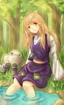  alternate_hair_length alternate_hairstyle bad_id bad_pixiv_id blonde_hair forest hat head_tilt headwear_removed highres long_hair mary_janes moriya_suwako nature navel pyonta shoes shoes_removed sitting smile soaking_feet solo touhou tree water x&amp;x&amp;x yellow_eyes 