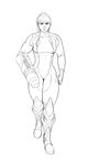  arm_cannon bodysuit boots breasts commentary greaves greyscale highres knee_boots lineart long_hair medium_breasts metroid monochrome muscle muscular_female nikcesco ponytail samus_aran sidelocks solo weapon zero_suit 