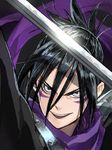  bad_id bad_pixiv_id black_hair facial_mark folded_ponytail indesign katana male_focus one-punch_man onsoku_no_sonic purple_eyes solo sword weapon 