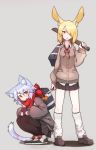  2girls :o animal_ears bag bag_charm black_skirt blonde_hair blue_hair brown_footwear brown_legwear bunny_ears cardigan cat_ears cat_tail cellphone charm_(object) collared_shirt eyebrows_visible_through_hair fang grey_background grey_skirt hair_over_one_eye highres holding holding_cellphone holding_knife holding_phone holding_weapon knife leg_warmers loafers long_sleeves miniskirt multiple_girls neck_ribbon one_eye_covered open_mouth orange_eyes original over_shoulder pantyhose parted_lips phone pleated_skirt red_eyes red_neckwear red_ribbon red_scarf ribbon ryota_tentei scarf school_bag school_uniform sharp_teeth shirt shoes short_hair shoulder_bag simple_background skirt sleeves_past_wrists smartphone squatting tail teeth tora_tentei weapon weapon_over_shoulder white_legwear white_shirt wing_collar 