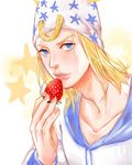  all59 blonde_hair blue_eyes food fruit hat highres horseshoe johnny_joestar jojo_no_kimyou_na_bouken male_focus solo steel_ball_run strawberry 