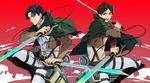  ascot belt black_eyes black_hair boots cape dual_wielding emblem eren_yeager green_eyes holding jacket levi_(shingeki_no_kyojin) multiple_boys paradis_military_uniform reverse_grip rurums shingeki_no_kyojin sword thigh_strap three-dimensional_maneuver_gear weapon wire 