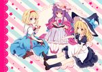  :o alice_margatroid apron blonde_hair blue_eyes book boots border bow braid capelet crescent dress hair_bow hat hat_ribbon headband kirisame_marisa kneehighs lace long_hair looking_at_another looking_away mob_cap multiple_girls open_book open_mouth outstretched_arm patchouli_knowledge petticoat pointing purple_eyes purple_hair ribbon robe sash shanghai_doll short_hair short_sleeves simple_background single_braid sitting skirt skirt_set star striped striped_background torii_sumi touhou very_long_hair waist_apron wariza witch_hat yellow_eyes 