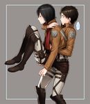  1girl black_eyes black_hair blush boots brown_hair carrying emblem eren_yeager jacket mikasa_ackerman paradis_military_uniform scarf shingeki_no_kyojin sine thigh_strap training_corps_(emblem) 