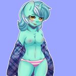  anthrofied blue_background blue_hair blue_skin blush breasts camel_toe clothed clothing equine female flannel friendship_is_magic hair half-dressed half_nude hi_res horn jacket long_hair looking_at_viewer lyra_heartstrings_(mlp) mammal my_little_pony naval navel nipples panties plain_background red_skin skin solo standing striped_panties thong tongue tongue_out topless underwear unicorn unknown_artist yellow_eyes 