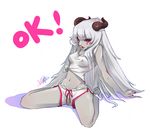  clothing demon english_text female horn liea red_eyes sitting skimpy solo text white_har 