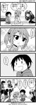  3girls 4koma comic greyscale hair_ribbon hairband headband highres if_they_mated kandanchi koharu_(kandanchi) koizumi_itsuki koizumi_miki kyon kyonta_(kandanchi) monochrome multiple_girls ponytail ribbon suzumiya_haruhi suzumiya_haruhi_no_yuuutsu translated 