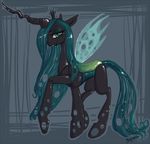  2012 abstract_background changeling fangs female feral friendship_is_magic green_eyes green_hair hair holes horn long_hair looking_at_viewer my_little_pony queen_chrysalis_(mlp) sigil signature slit_pupils solo standing wings 