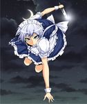  apron blue_eyes braid cloud flying full_moon highres izayoi_sakuya knife looking_at_viewer maid_headdress moon night night_sky puffy_sleeves reverse_grip short_hair silver_hair skirt sky solo star_(sky) starry_sky torii5011 touhou twin_braids 