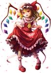  ascot blonde_hair dress flandre_scarlet full_body hat long_hair mary_janes niichi_(komorebi-palette) open_mouth petals red_dress red_eyes shoes side_ponytail skirt_basket solo touhou white_background wings 