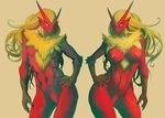  &#28814;&#40023; ?? abs absurd_res anthro anthrofied avian big_breasts blaziken breasts chest_tuft duo enrin female flame_scale fur green_eyes hair hi_res long_hair looking_at_viewer male muscles nintendo nipples nude plain_background pok&#233;mon pok&#233;morph pok&eacute;mon pubes standing tuft video_games 