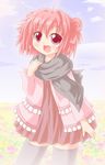  ahoge akaza_akari double_bun dress kagerou_(kers) open_mouth pink_eyes pink_hair short_hair smile solo thighhighs yuru_yuri 