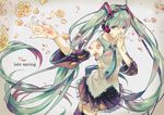  blue_eyes detached_sleeves green_hair hatsune_miku headphones highres long_hair nail_polish necktie petals skirt solo thighhighs twintails very_long_hair vocaloid yunomachi 