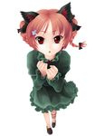  :&lt; absurdres animal_ears bow braid cat_ears clenched_hands dress fish foreshortening hair_bow hair_ornament hairclip hari_(project_railgun) highres juliet_sleeves kaenbyou_rin leg_ribbon long_sleeves looking_at_viewer puffy_sleeves red_eyes red_hair ribbon short_hair simple_background solo touhou twin_braids twintails white_background 