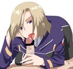  1girl blonde_hair blue_eyes breast_press breasts fellatio hetero majestic_prince military military_uniform oral penis purple_eyes ribonzu saliva short_hair suzukaze_rin tongue uniform 