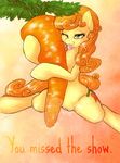 carrot carrot_top_(mlp) cutie_mark dimwitdog english_text equine female feral friendship_is_magic green_eyes hair horse mammal my_little_pony one_eye_closed orange_hair out pony pussy pussy_juice solo text tongue wink 