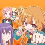  :3 :d amatsuka_mao amatsuka_megumi_(gj-bu) animal_ears blazer blonde_hair blue_eyes blush brown_eyes calpara fang gj-bu hair_flaps jacket kirara_bernstein liru long_hair long_sleeves multiple_girls open_mouth orange_hair pink_eyes pink_hair pleated_skirt purple_eyes purple_hair renkin_san-kyuu_magical_pokaan school_uniform short_hair skirt smile sumeragi_shion sweat 