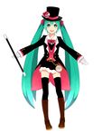  asougi1056 belt boots bow bowtie chain full_body gloves green_eyes green_hair hat hatsune_miku knee_boots long_hair magician open_mouth skirt solo thighhighs top_hat twintails very_long_hair vocaloid wand watch white_background 