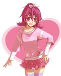  :d aida_mana blush bow collarbone dokidoki!_precure flipped_hair half_updo heart open_mouth pink_bow pink_eyes pink_hair ploki precure short_hair smile solo thighhighs zettai_ryouiki 