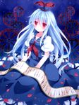  blue_hair hat highres kamishirasawa_keine long_hair mogu_(au1127) petals red_eyes scroll seiza sitting solo touhou very_long_hair 