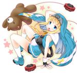  bike_shorts blonde_hair blue_eyes bridget_(guilty_gear) cross fingerless_gloves gloves guilty_gear halftone halftone_background male_focus otoko_no_ko ratryu roger sleeveless solo star stuffed_animal stuffed_toy teddy_bear yo-yo 