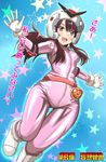  1girl banboro_(technobot) bodysuit brown_hair commentary_request grey_eyes hakase_hiroyo helmet hikounin_sentai_akibaranger long_hair open_mouth outstretched_arms pink_bodysuit sidelocks smile solo star_(symbol) translation_request uchida_maaya 