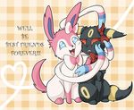  &lt;3 :d ambiguous_gender anime black_eyes black_fur black_nose black_skin blue_eyes blue_sclera bow bow_tie canine cute duo eeveelution english_text exotic_pupils feral fox fur hi_res humor japanese mammal mearii-chi nintendo open_mouth pattern_background pink_fur pink_markings pink_skin plaid plain_background pok&#233;mon pok&eacute;mon raised_leg red_eyes red_sclera sharp_teeth sitting stare sylveon teeth text tongue umbreon video_games white_background white_fur yellow_fur 