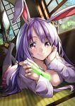  animal_ears bad_id bad_pixiv_id blush breasts bunny_ears dress_shirt kyon_(fuuran) large_breasts long_hair looking_at_viewer lying on_stomach purple_hair red_eyes reisen_udongein_inaba shirt skirt smile solo test_tube touhou white_legwear 