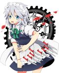  apron bad_id bad_pixiv_id blue_eyes braid hair_ribbon izayoi_sakuya knife maid_apron maid_headdress ribbon saibi silver_hair solo touhou twin_braids 