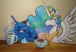  annoyed bloodshot_eyes blue_eyes bowl cereal coffee crown cup derpy_hooves_(mlp) duo equine eyes_closed female feral friendship_is_magic glowing gold graffegruam hair happy horn horse ice_cream magic mammal mug multi-colored_hair my_little_pony necklace pony princess princess_celestia_(mlp) princess_luna_(mlp) royalty sitting sparkles spoon steam table whistling winged_unicorn wings 
