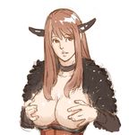  areolae bad_id bad_pixiv_id breasts brown_hair choker covering covering_breasts horns kaburagi_yuki large_breasts lips long_hair maou_(maoyuu) maoyuu_maou_yuusha red_eyes red_hair simple_background sketch solo white_background 